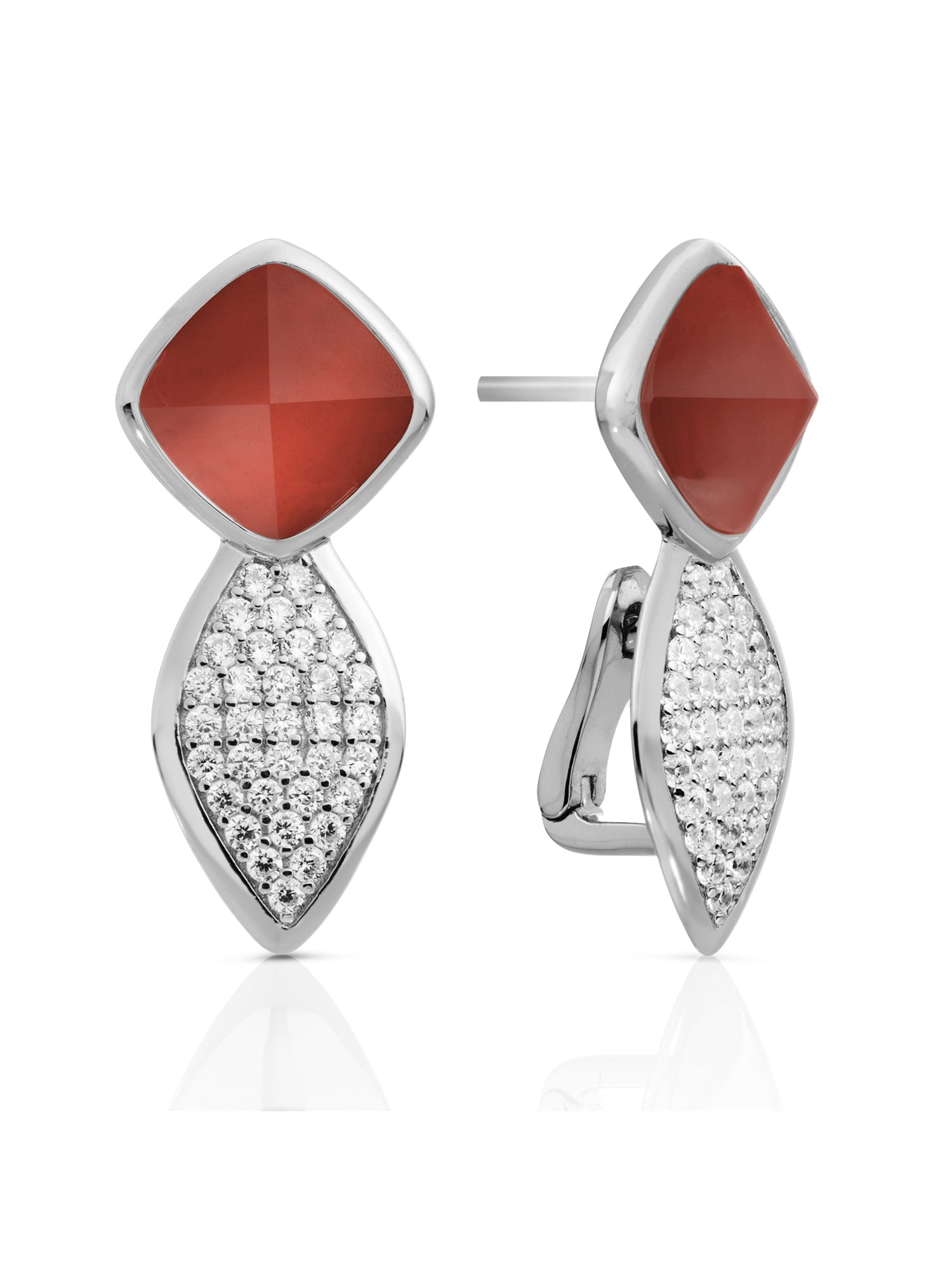 Earrings - Edge Crystal Silver - Double pin - Red Agate - Earrings - Edge Crystal Silver - Double pin - Red Agate