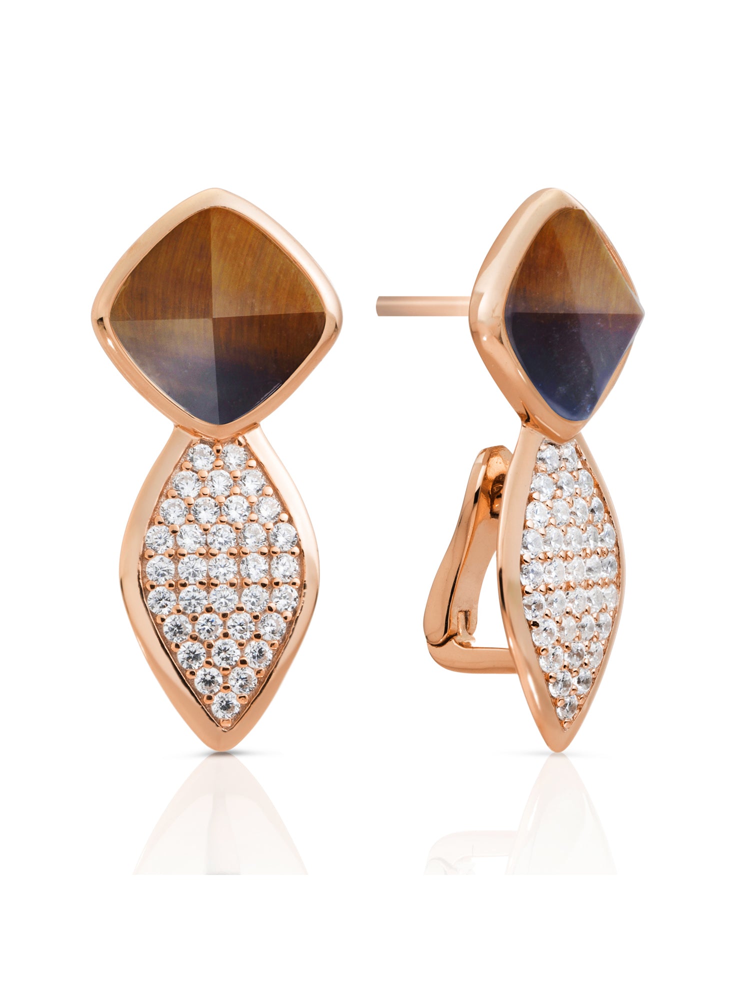 Earrings - Edge Crystal Rose Gold - Double pin - Tiger Eye - Earrings - Edge Crystal Rose Gold - Double pin - Tiger Eye