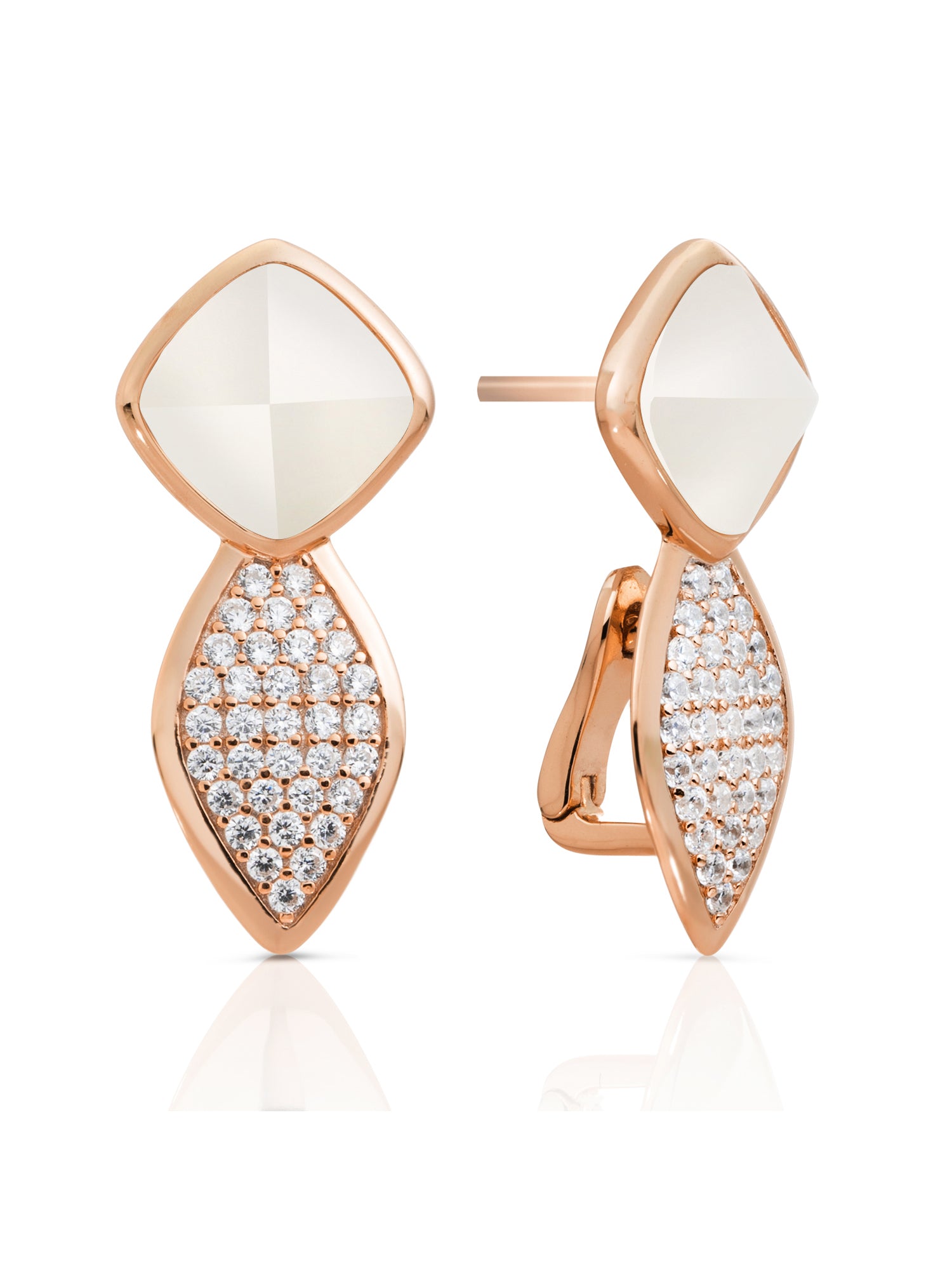 Earrings - Edge Crystal Rose Gold - Double pin - Pearl - Earrings - Edge Crystal Rose Gold - Double pin - Pearl