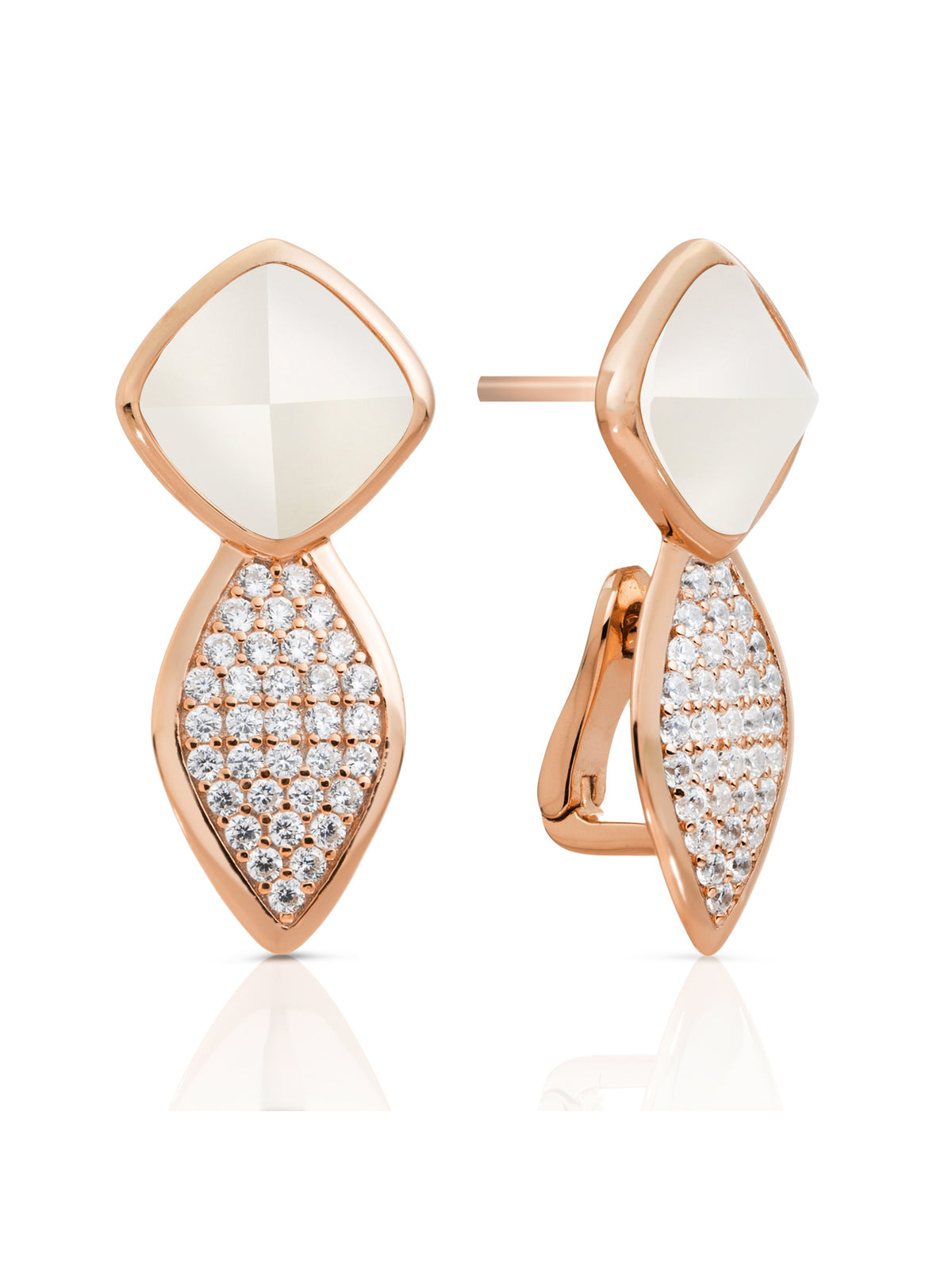 Earrings - Edge Crystal Rose Gold - Double pin - Pearl