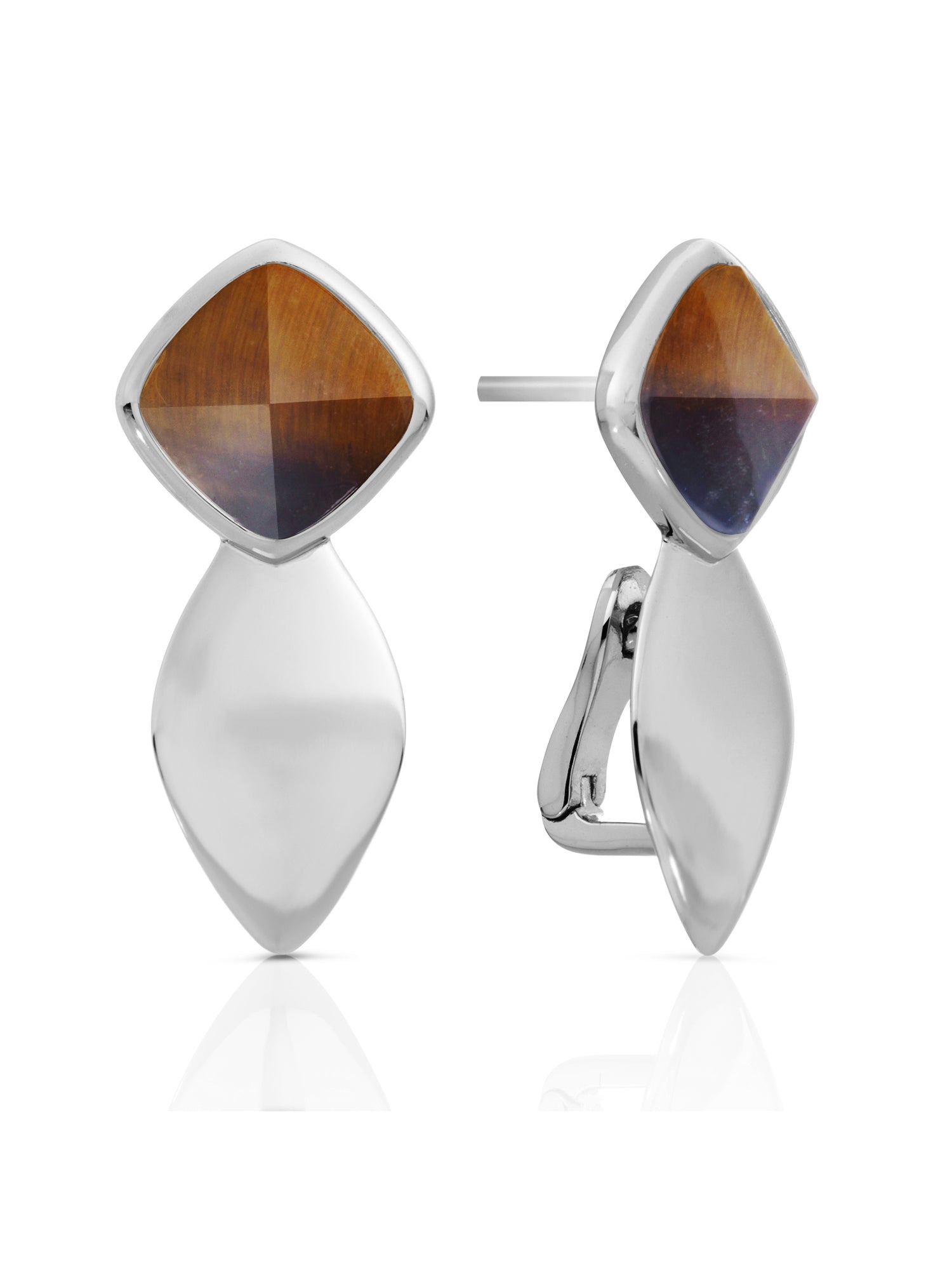 Earrings - Edge Silver - Double pin - Tiger Eye - Earrings - Edge Silver - Double pin - Tiger Eye