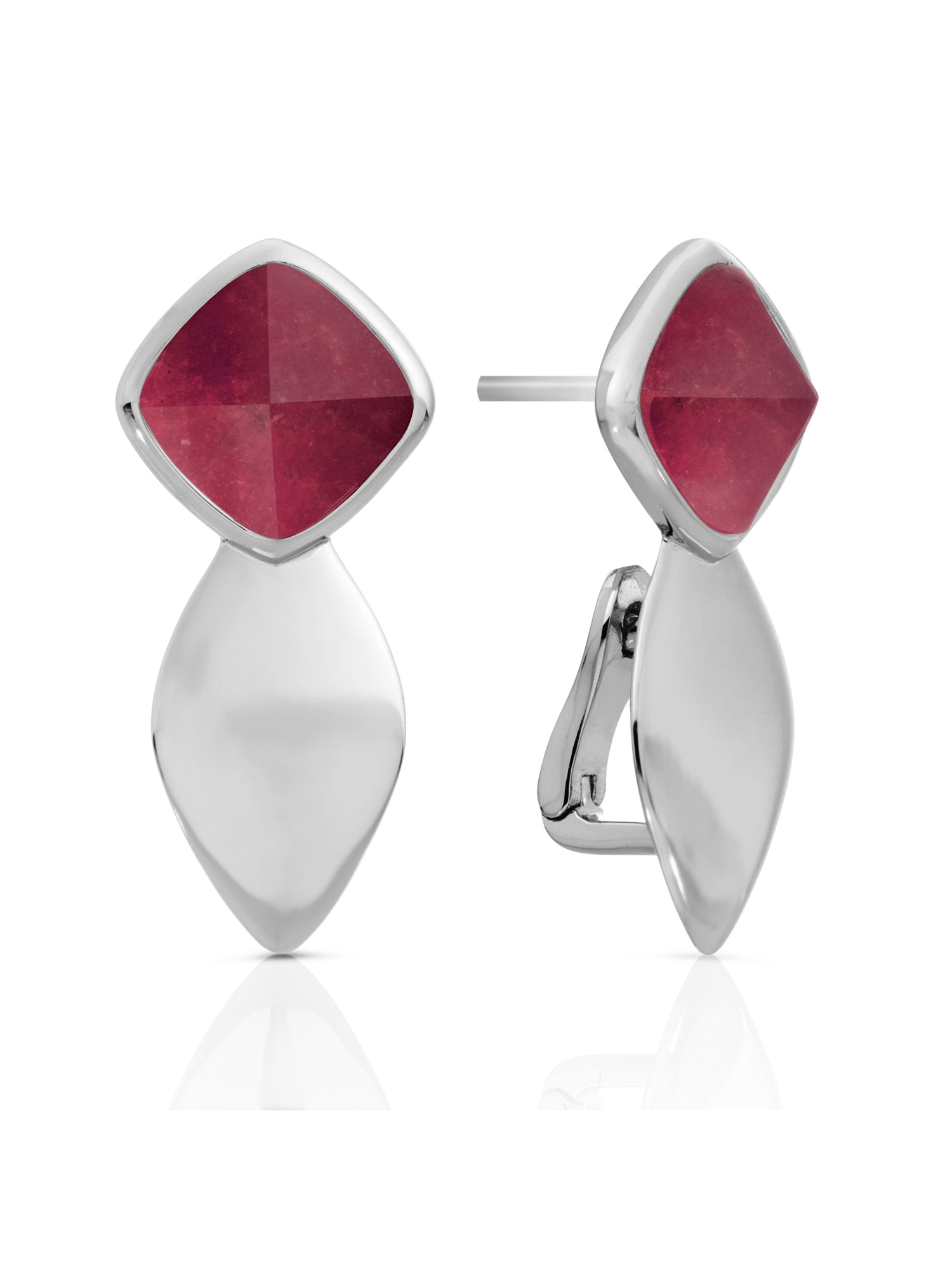 Earrings - Edge Silver - Double pin - Red Jade - Earrings - Edge Silver - Double pin - Red Jade