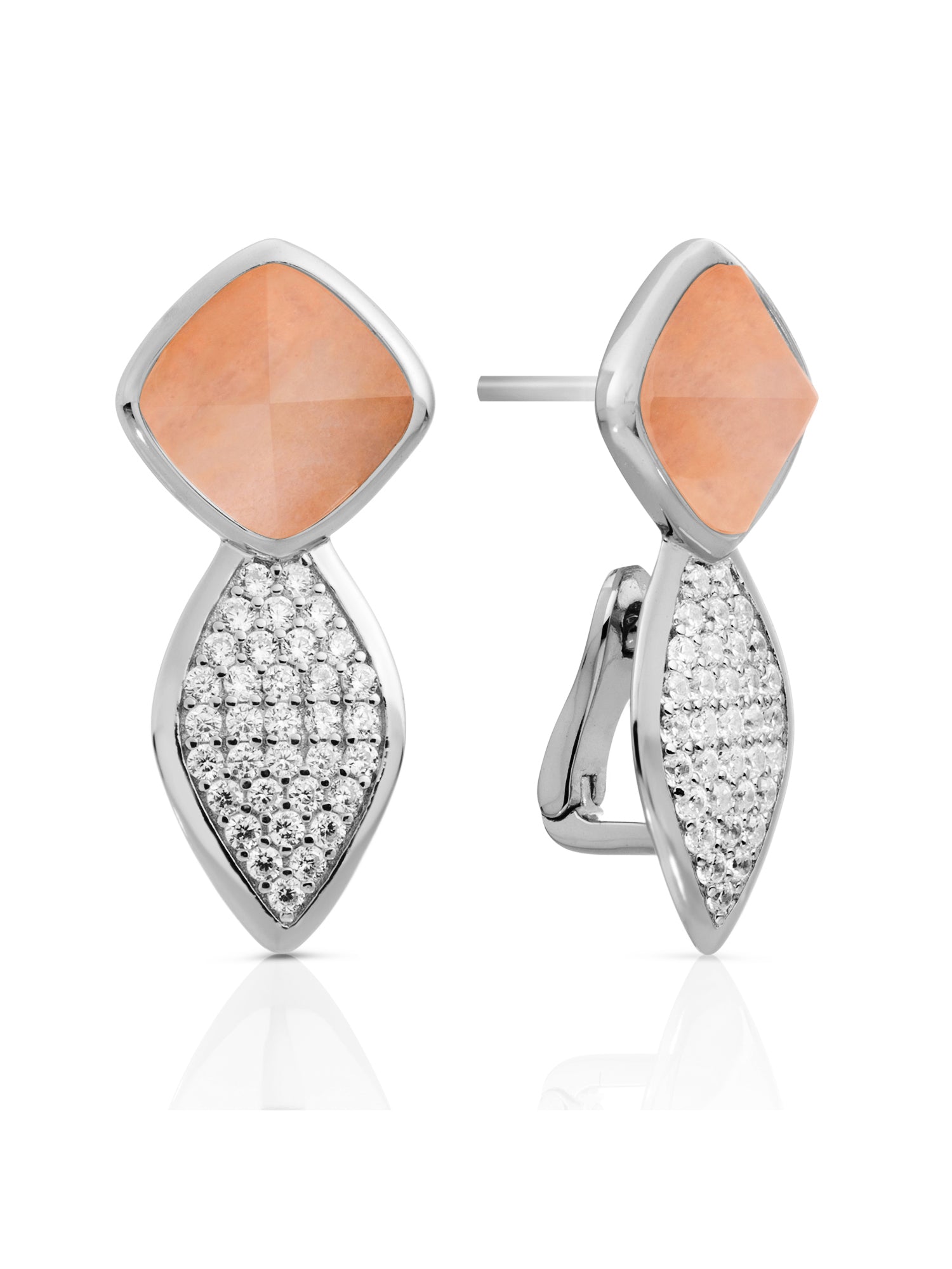 Earrings - Edge Crystal Silver - Double pin - Peach Rhodonite - Earrings - Edge Crystal Silver - Double pin - Peach
