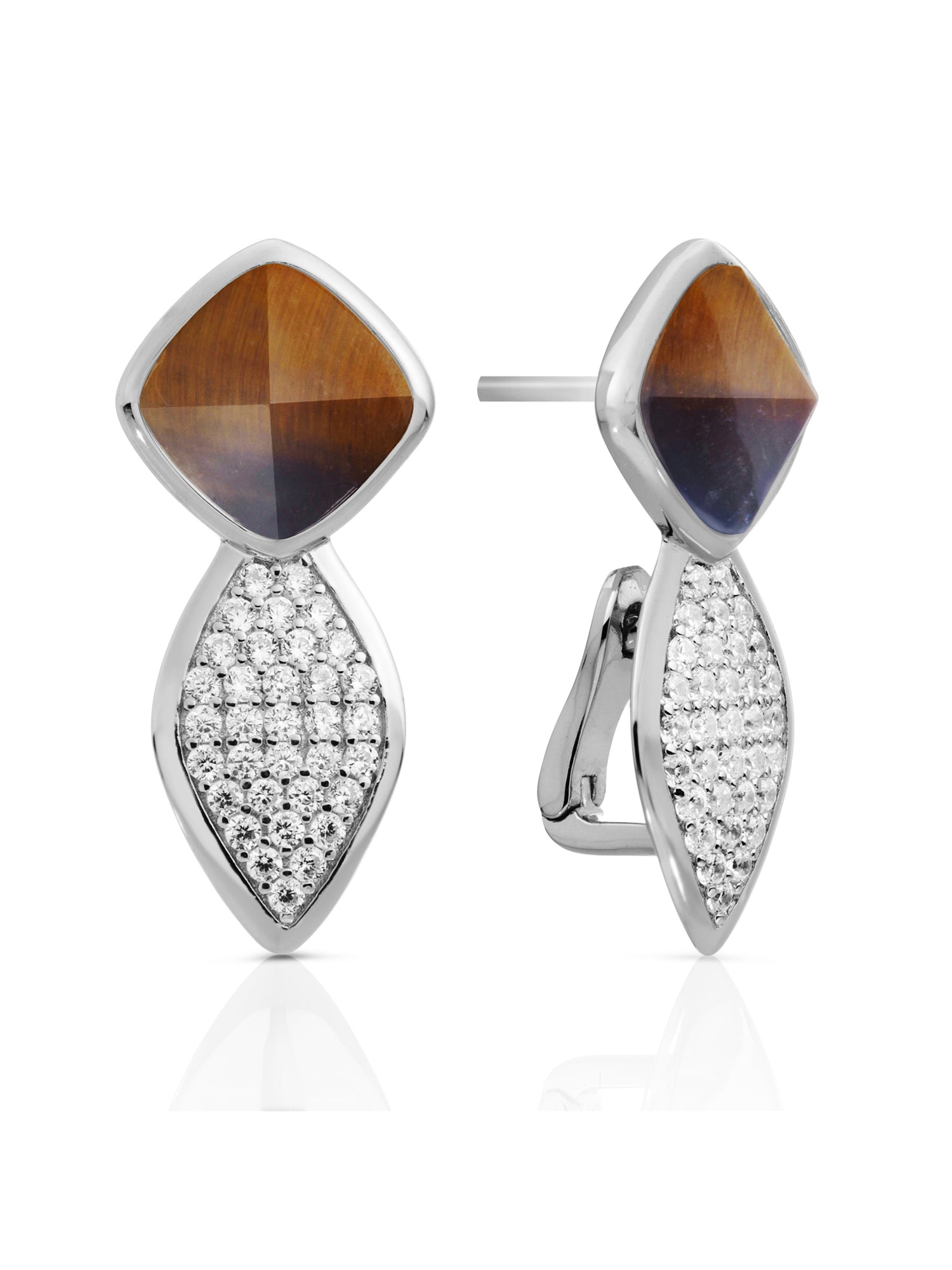 Earrings - Edge Crystal Silver - Double pin - Tiger Eye - Earrings - Edge Crystal Silver - Double pin - Tiger Eye