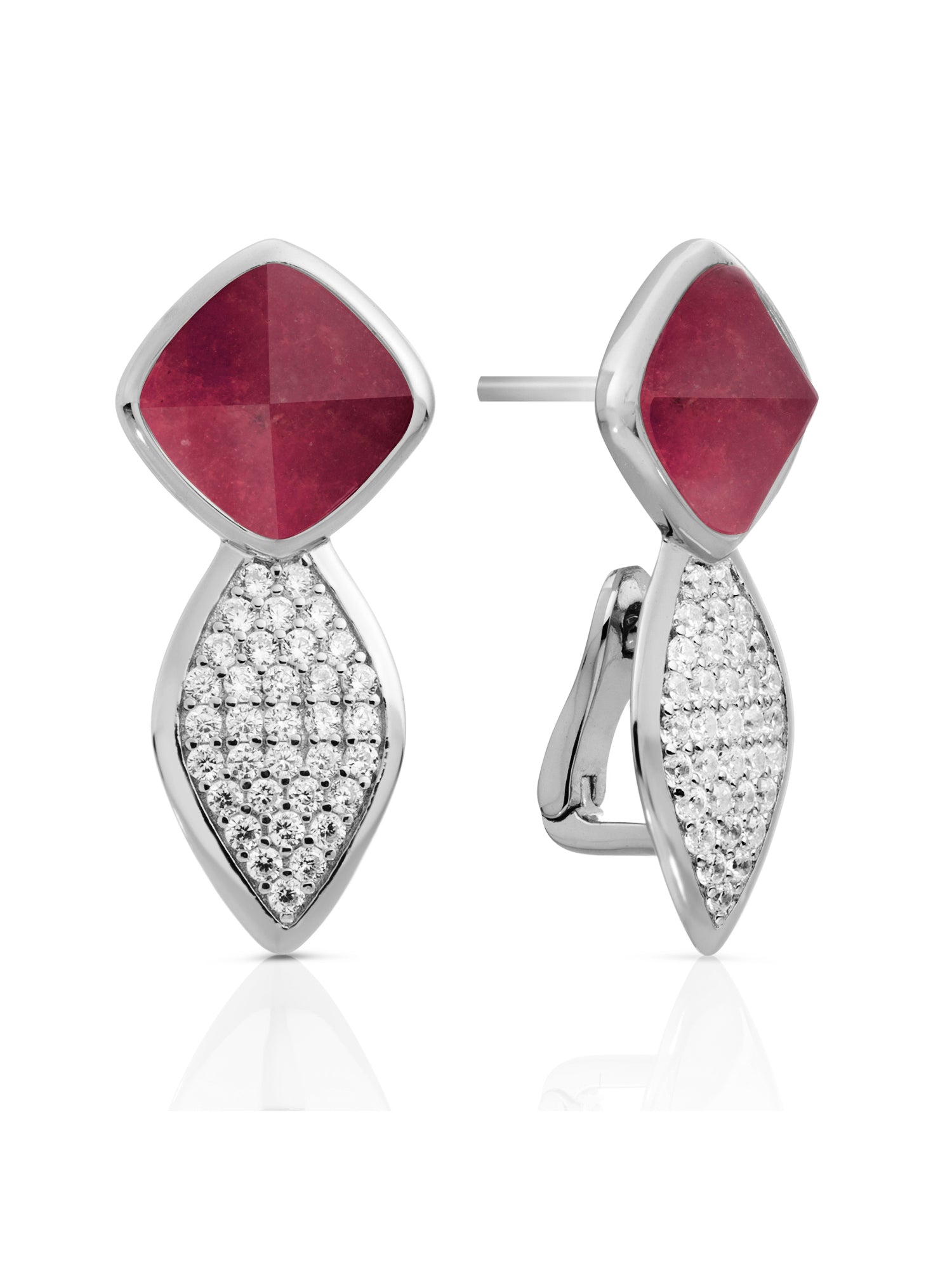 Earrings - Edge Crystal Silver - Double pin - Red Jade - Earrings - Edge Crystal Silver - Double pin - Red Jade
