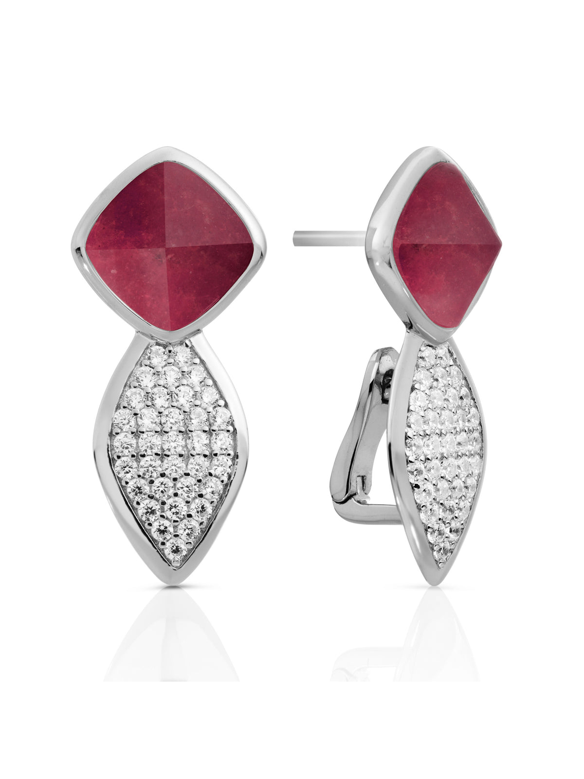 Earrings - Edge Crystal Silver - Double pin - Red Jade