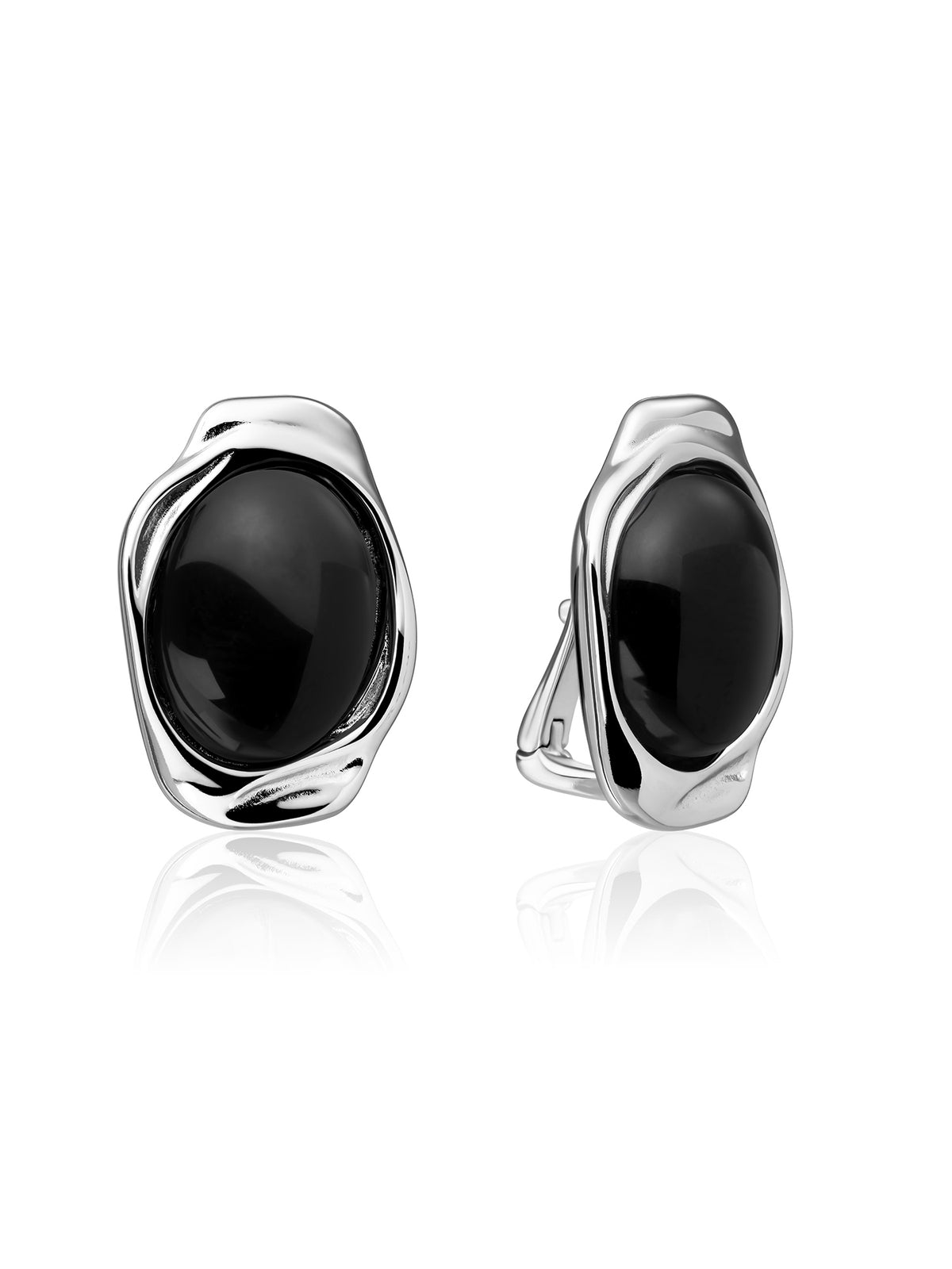 Flow Push Back Oorbellen Onyx - Rhodium Plated