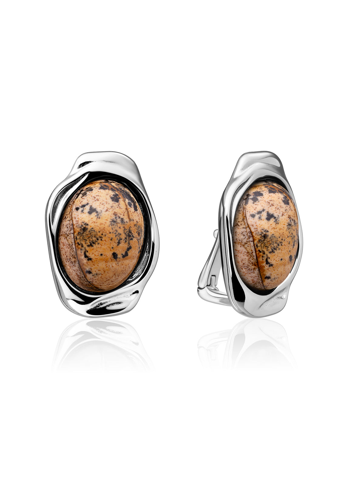 Flow Push Back Oorbellen Landscape Jasper - Rhodium Plated