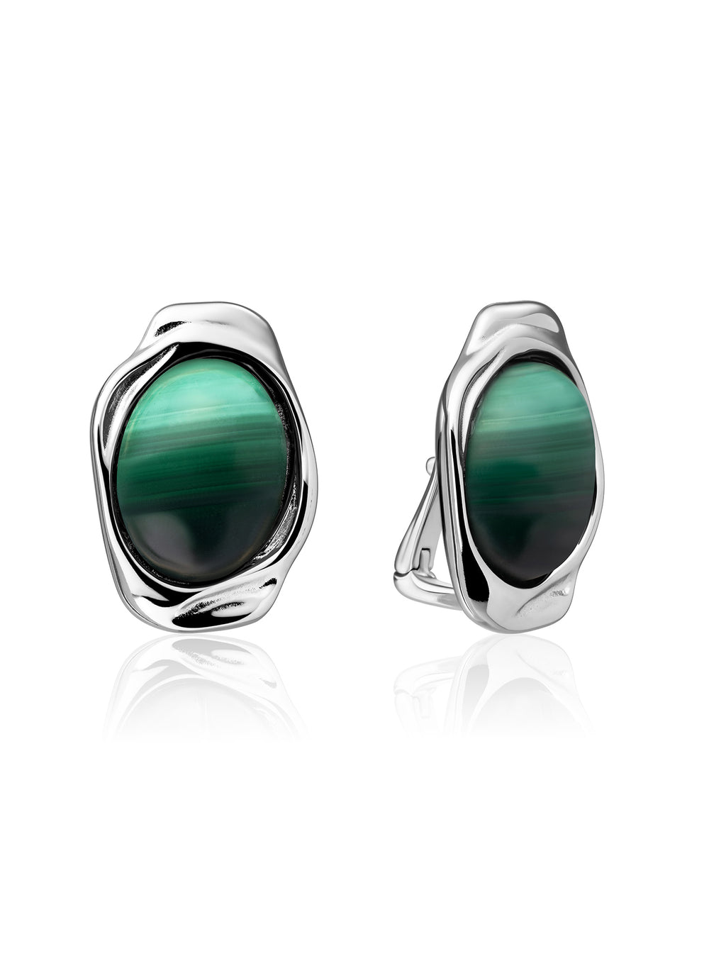 Flow Push Back Oorbellen Malachite - Rhodium Plated