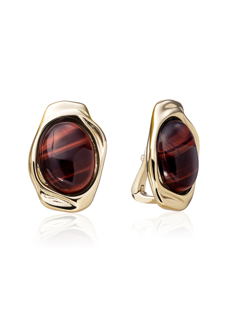 Flow Push Back Oorbellen Red Tiger Eye - Gold Plated