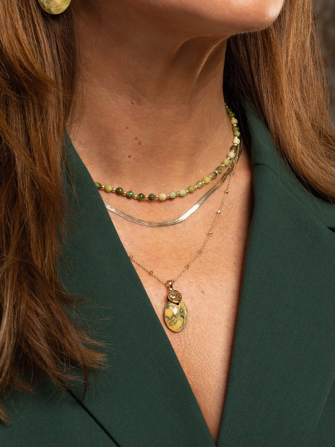 Link necklace Ya'an green jade mix l Gold Plated