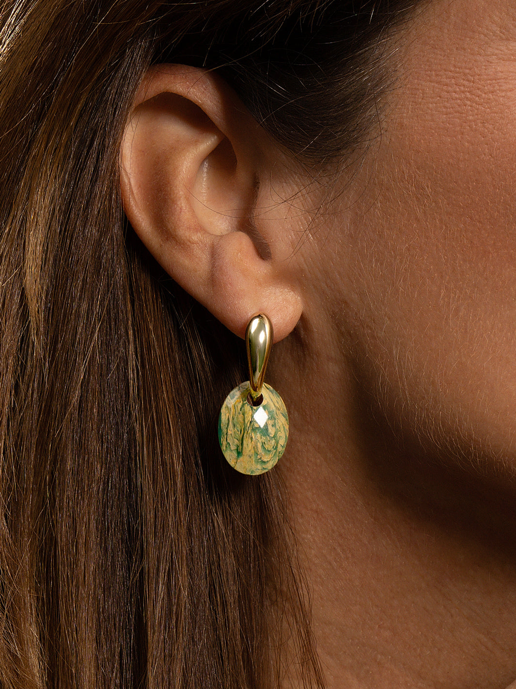 Ya'an green jade bold fuse oval earrings set | Gold Plated