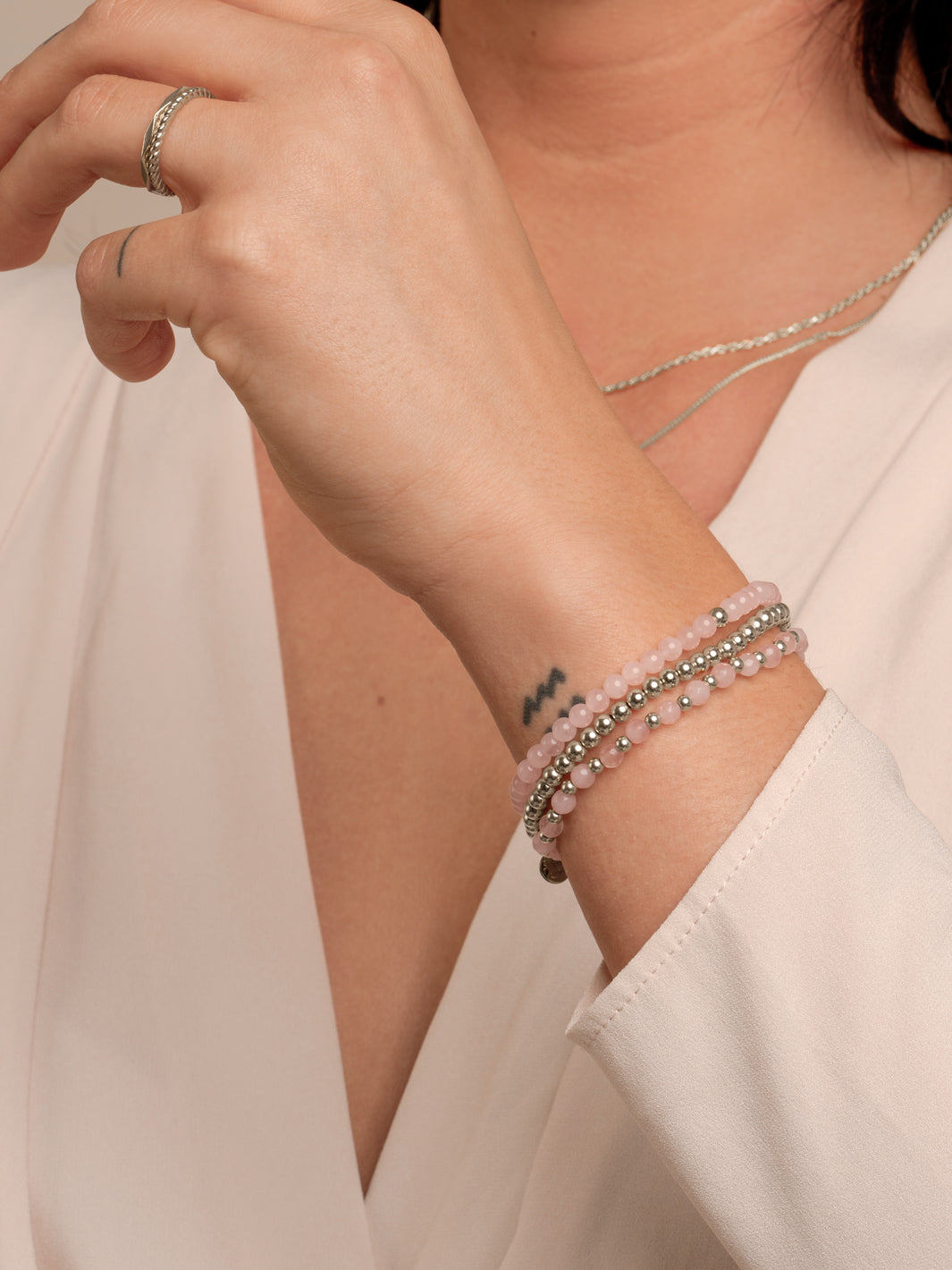 Rose Quartz Basic Bracelets Stack | Silver