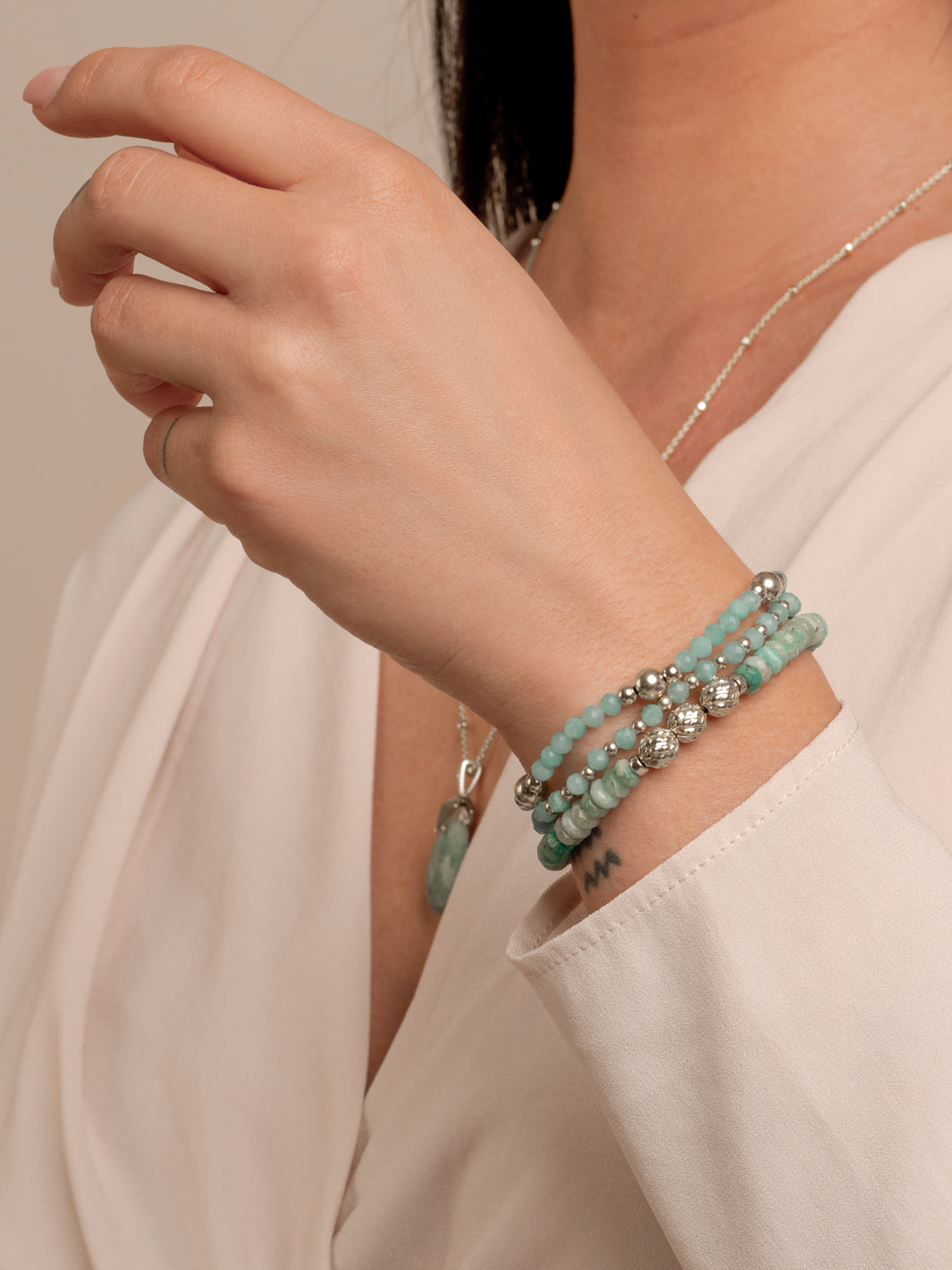 Rich Green Amazonite Fuse beads bracelets stack | Silver