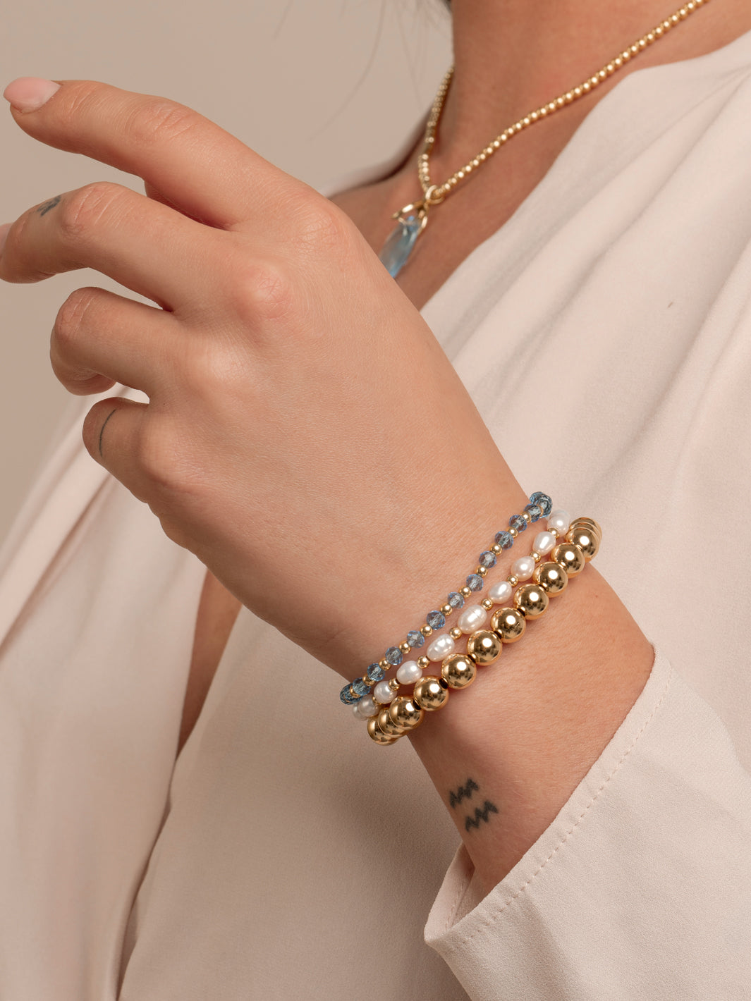 Aquamarine Quartz & Pearl Interstellar bracelets stack | Gold Plated