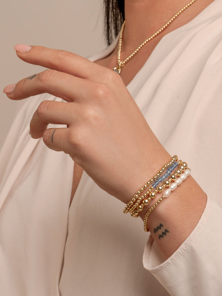Aquamarine Quartz & Pearl Universe bracelets stack | Gold Plated