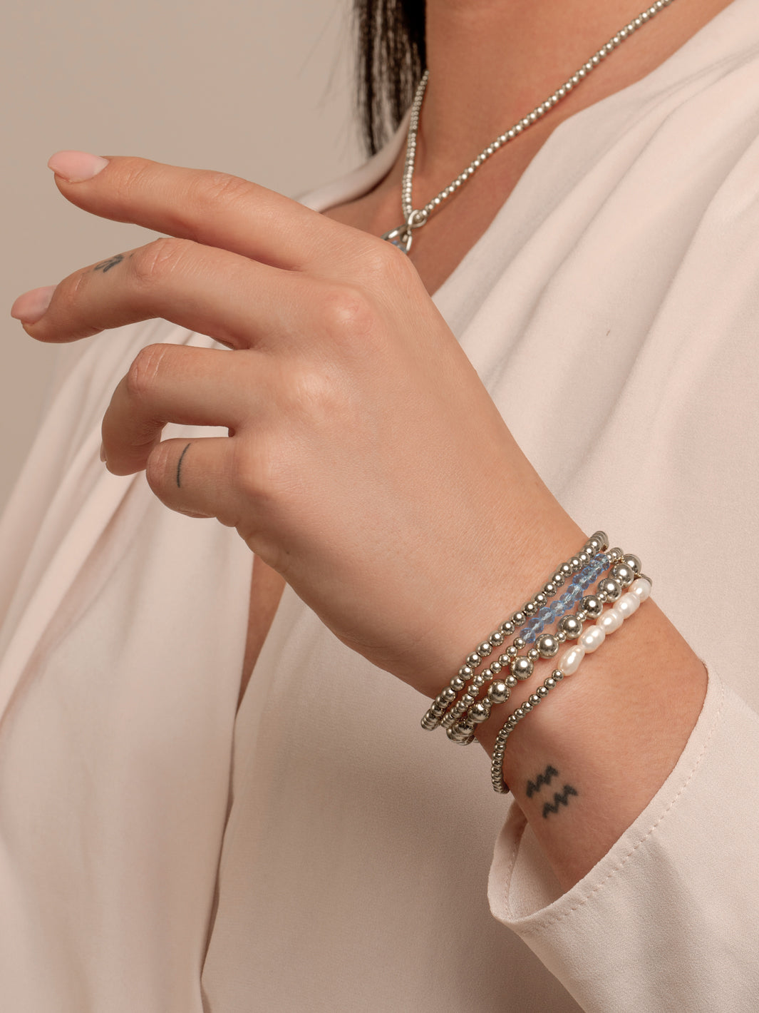Aquamarine Quartz & Pearl Universe bracelets stack | Silver