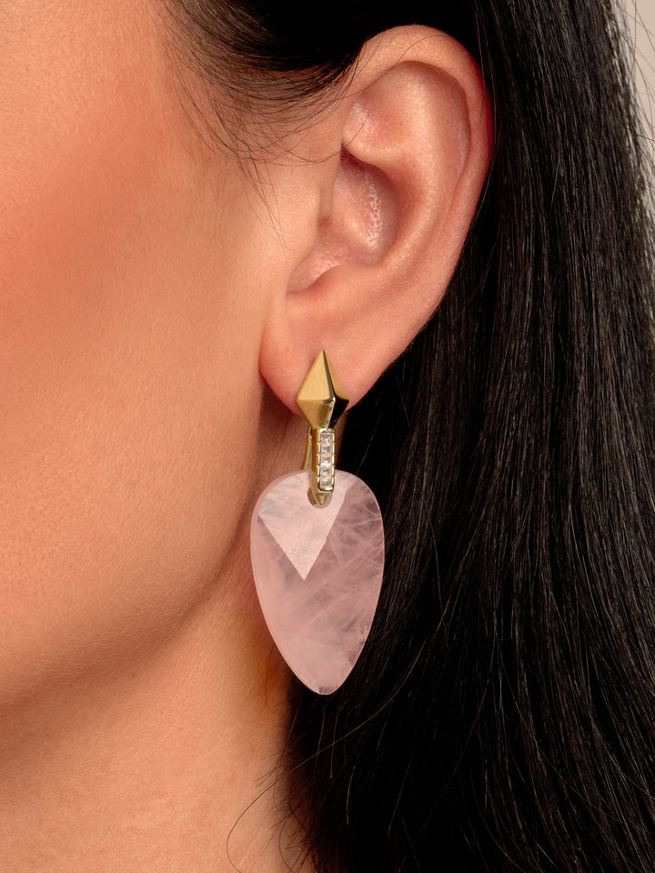 Rose Quartz Blossom Pyramid earrings set | Gold Plated