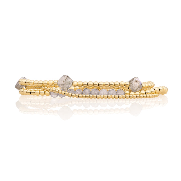 Labradorite Cushion Cut Universe Armbanden Stack | Goudkleurig