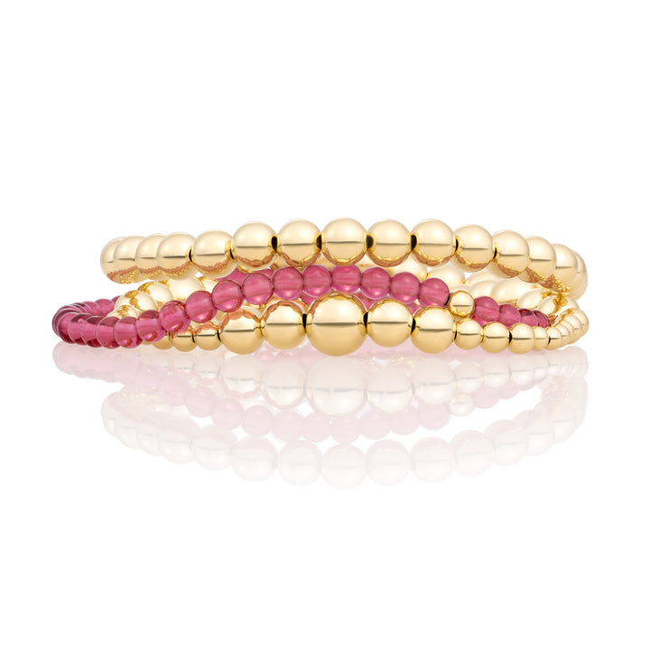 Fuschia Quartz Saturn Wave Mix Bracelets Stack | Gold Plated