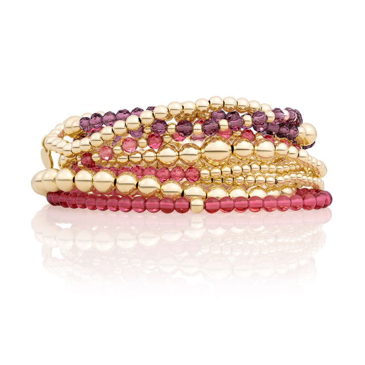 Aubergine & Fuchsia Quartz Saturn Wave Mix Armbande Stack | Goudkleurig