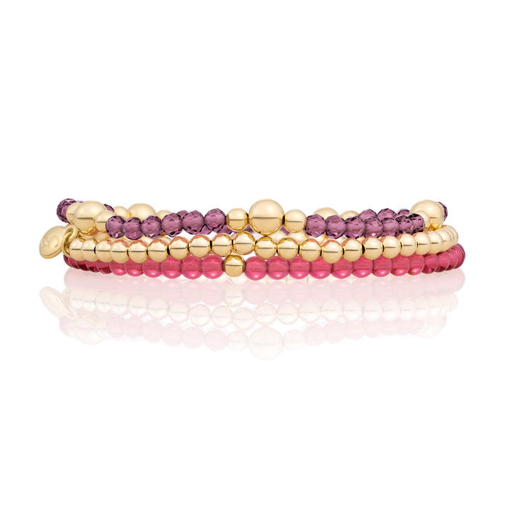 Eggplant & Fuchsia Quartz Bold Mix Saturn Bracelets Stack | Gold Plated