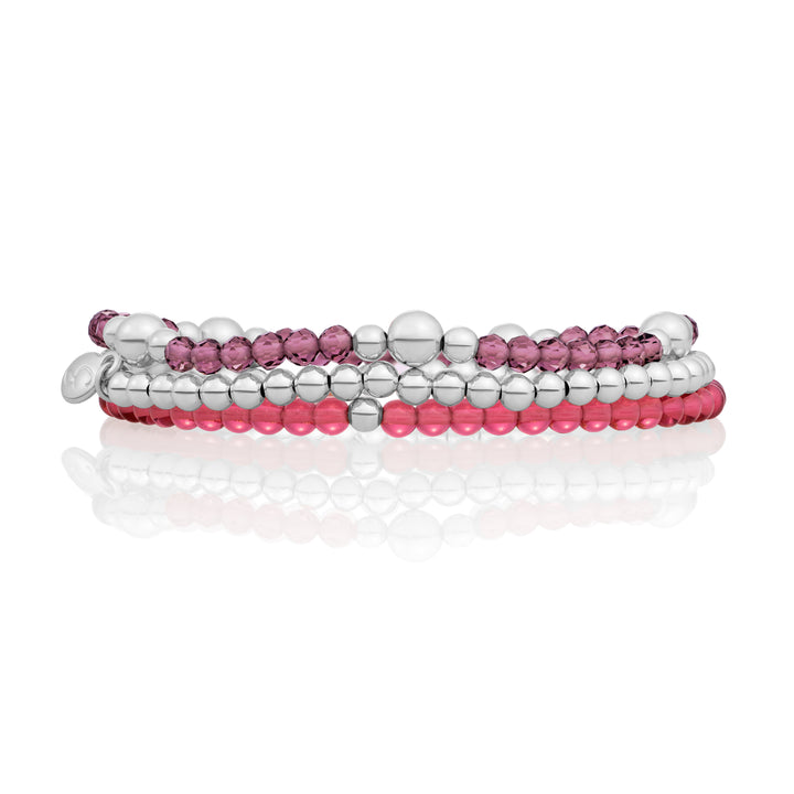 Aubergine & Fuchsia Quartz Bold Mix Saturn Armbanden Stack | Zilver