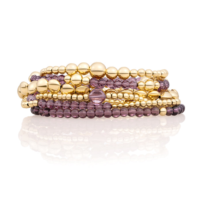 Aubergine Quarz Wellenmischung Bubble Armbänder Stapel | Gold -gelenkt