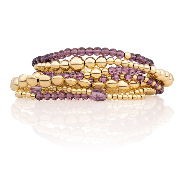 Aubergine Quartz Bold Wave Mix Bubble Bracelets Stack | Gold Plated