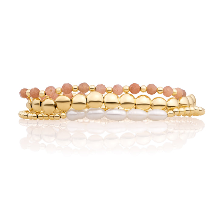 Pearl Sunstone Bubble Bracelets Stack | Gold Plated