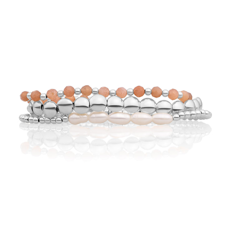 Pearl Sunstone Bubble Bracelets Stack | Silver