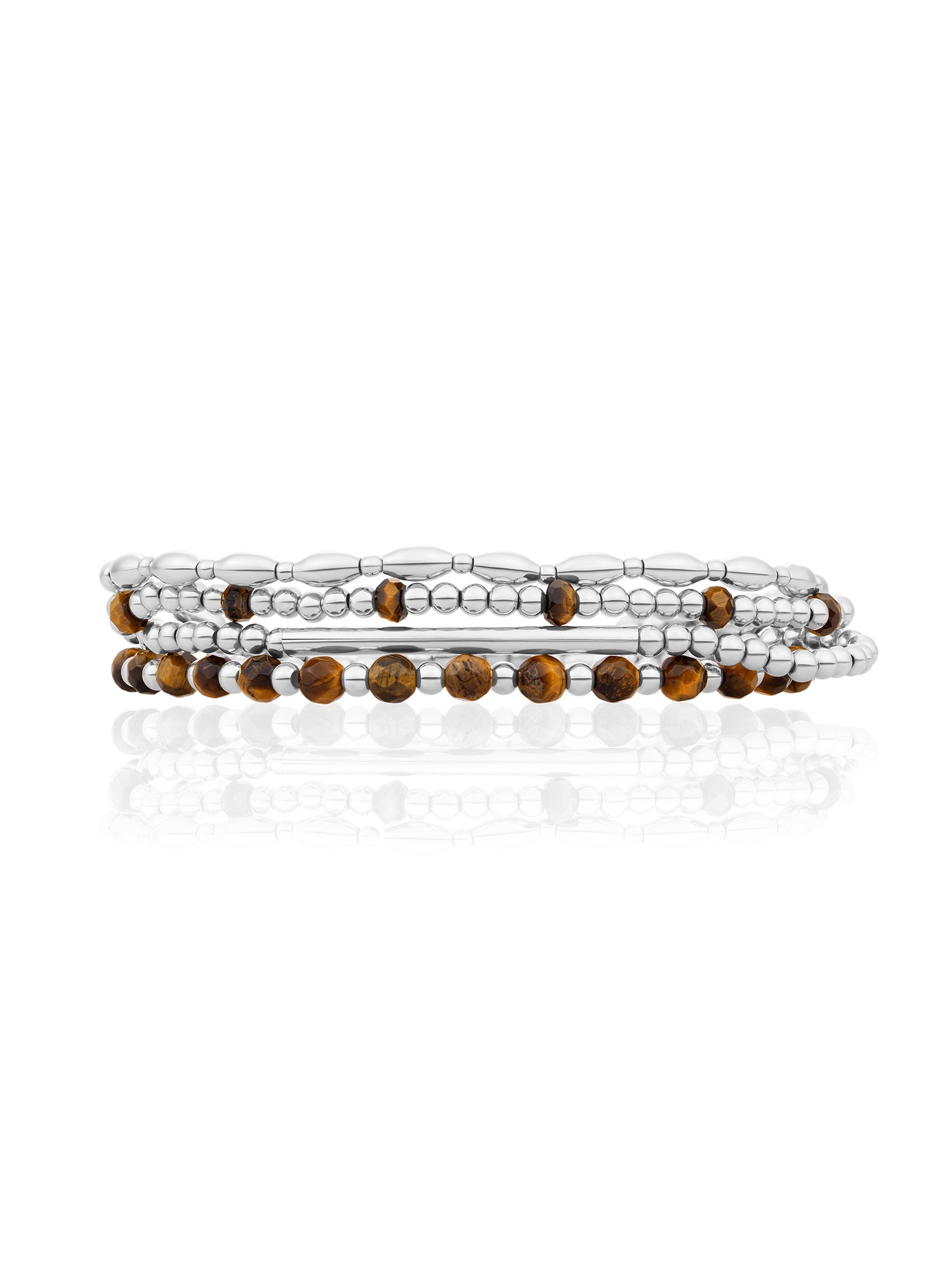 Tiger Eye Reverse Roundel Rice Mix Armbanden Stack Zilver