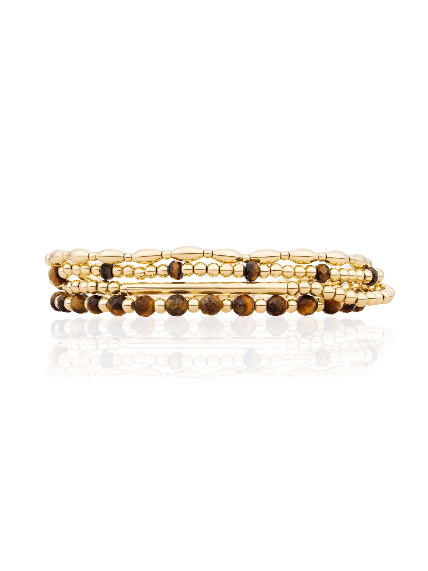 Tiger Eye Reverse Roundel Rice Mix Armbanden Stack Goud Kleurig