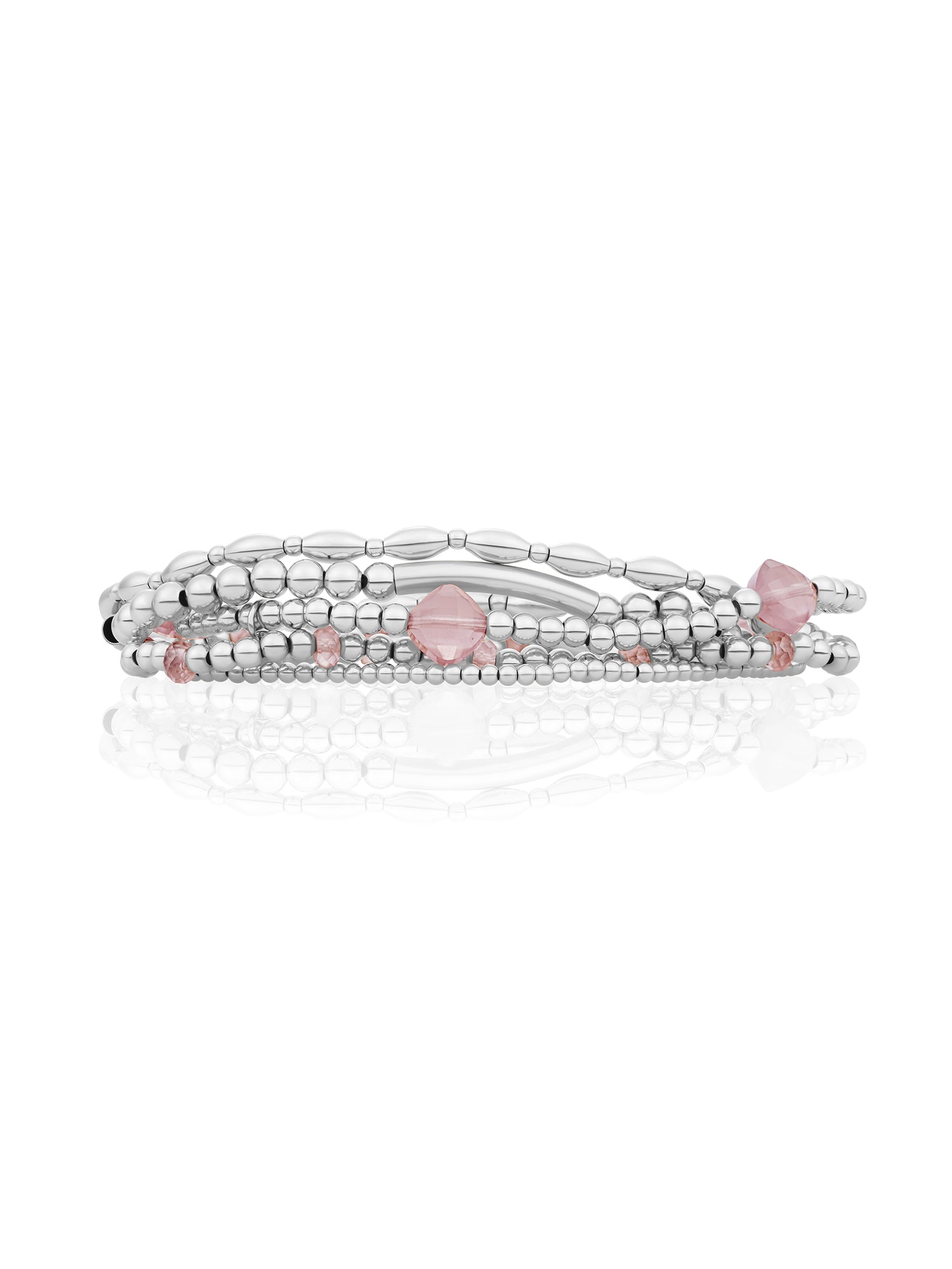 Pink Opalite Cushion Cut Tube Mix Armbanden Stack Zilver