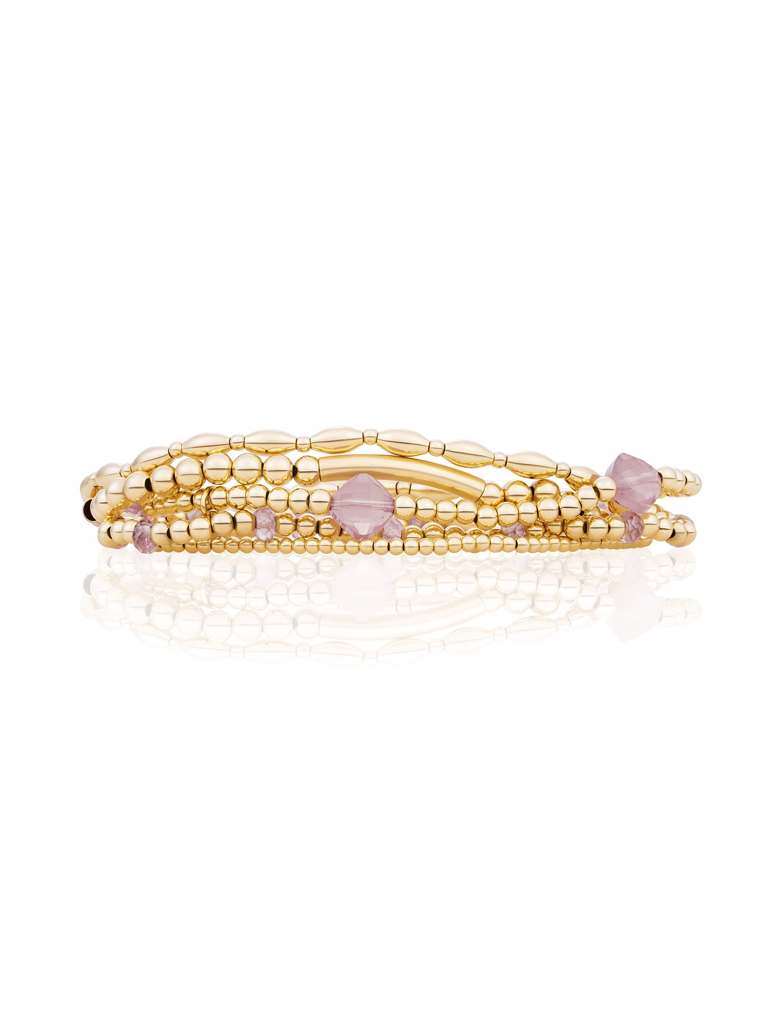 Pink Opalite Cushion Cut Tube Mix Armbanden Stack Goud Kleurig