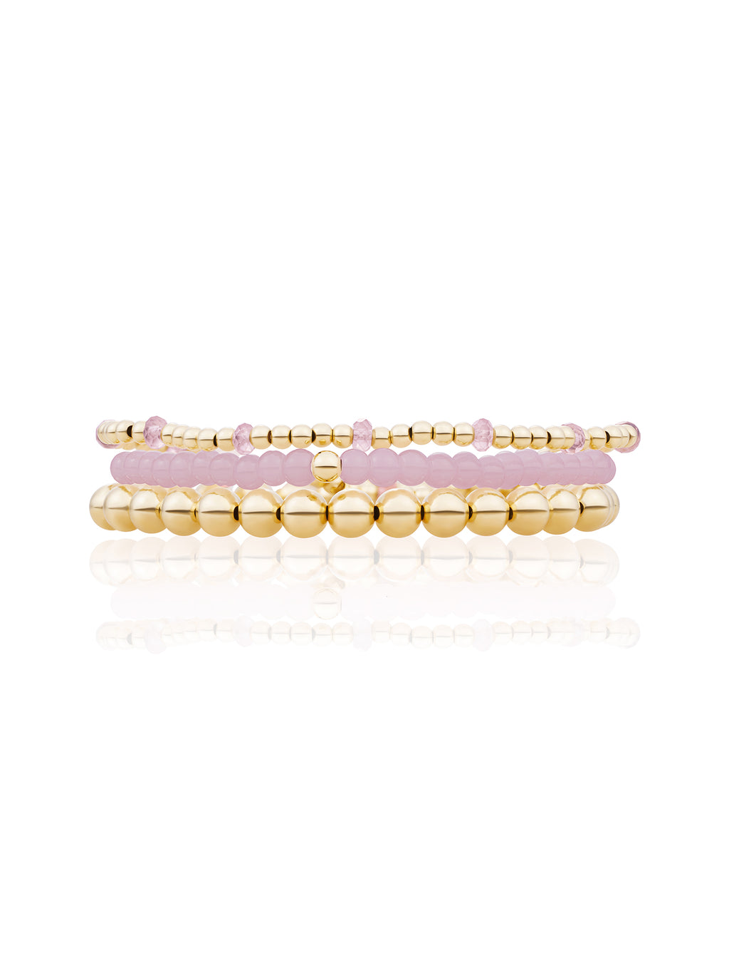 Pink Opalite Reverse Roundel Saturn Armbanden Stack Goud Kleurig