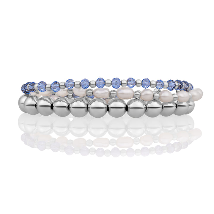 Aquamarine Quartz & Pearl Interstellar bracelets stack | Silver