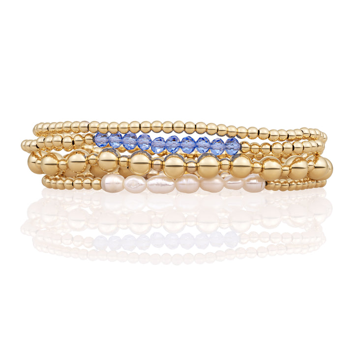 Aquamarine Quartz & Pearl Universe bracelets stack | Gold Plated