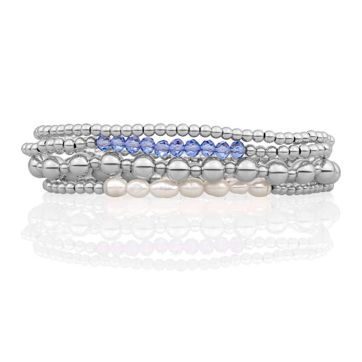 Aquamarine Quartz & Pearl Universe bracelets stack | Silver