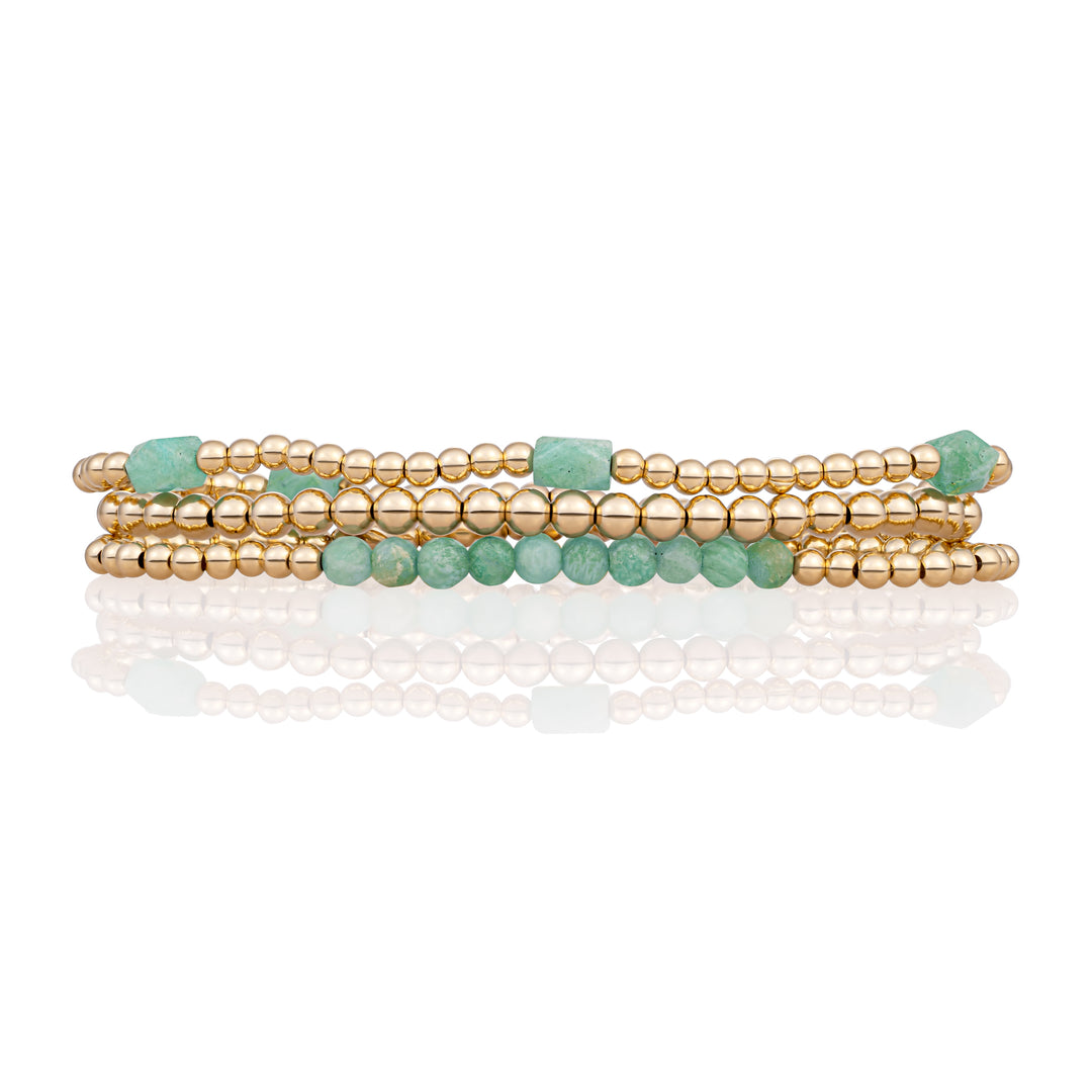 Rich Green Amazonite Reverse Edge Mix Bracelets Stack | Gold Plated