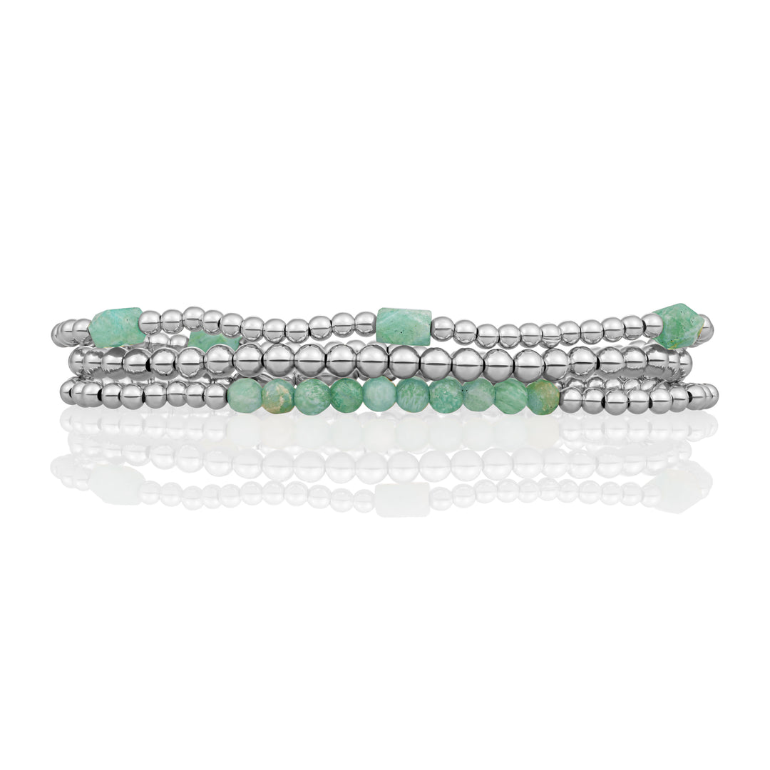 Rich Green Amazonite Reverse Edge Mix Bracelets Stack | Silver