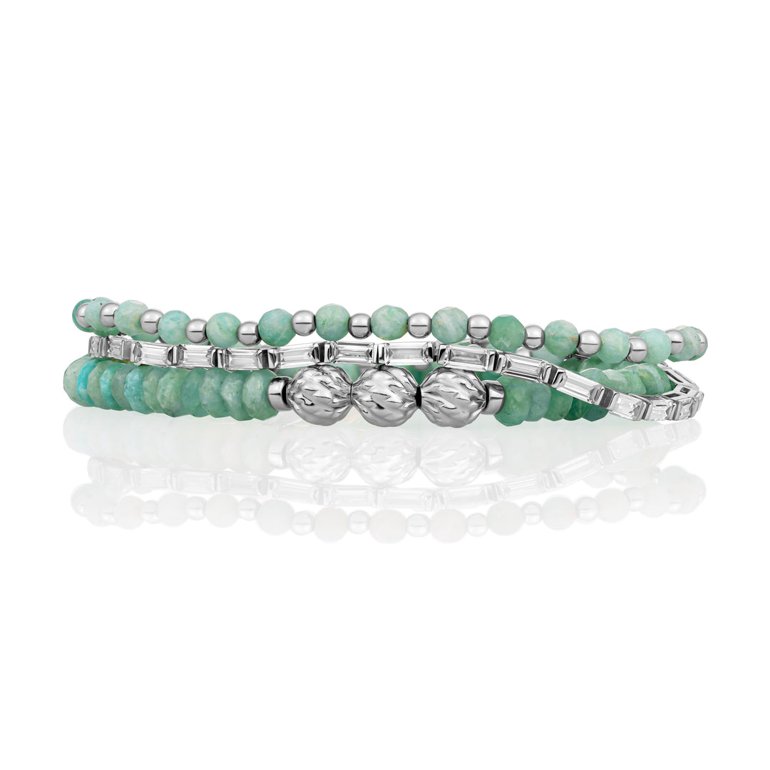 Rich Green Amazonite Tennis Baguette Bracelets Stack | Silver