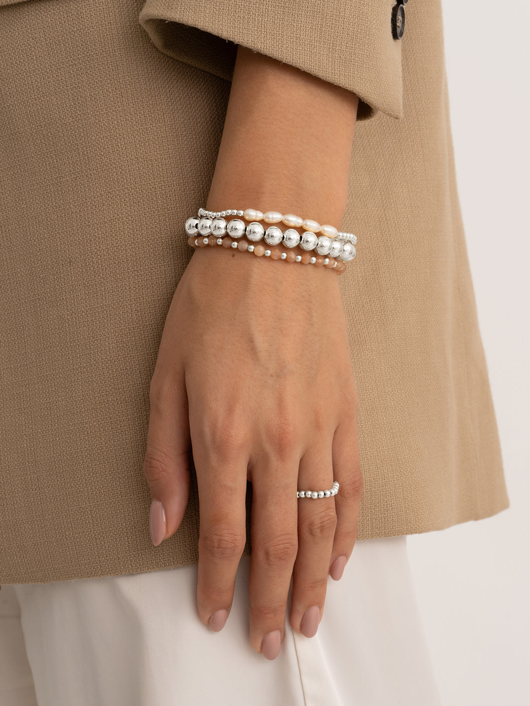 Pearl Sunstone Bubble Armbanden Stack | Zilver