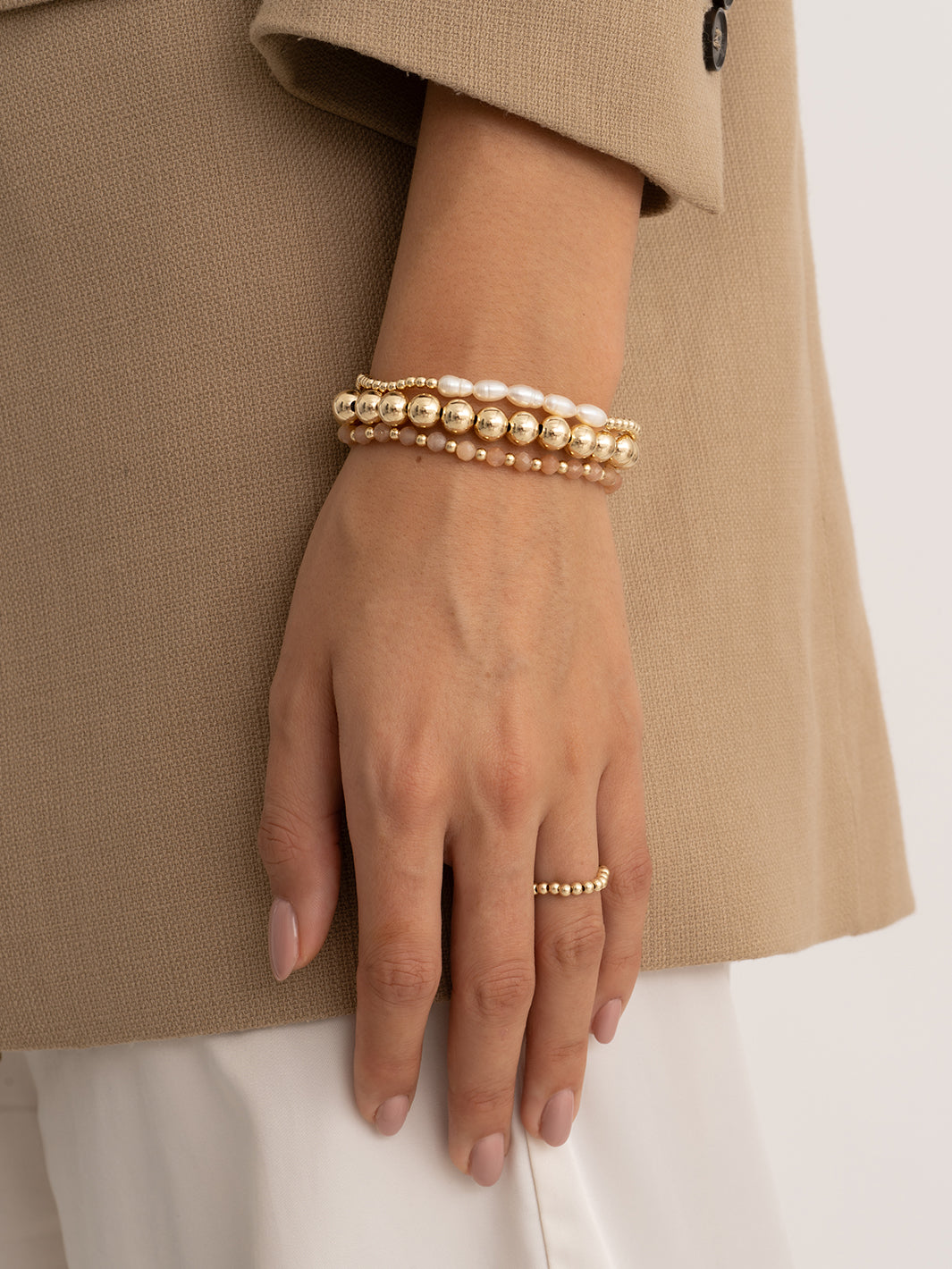 Pearl Sunstone Bubble Bracelets Stack | Gold Plated