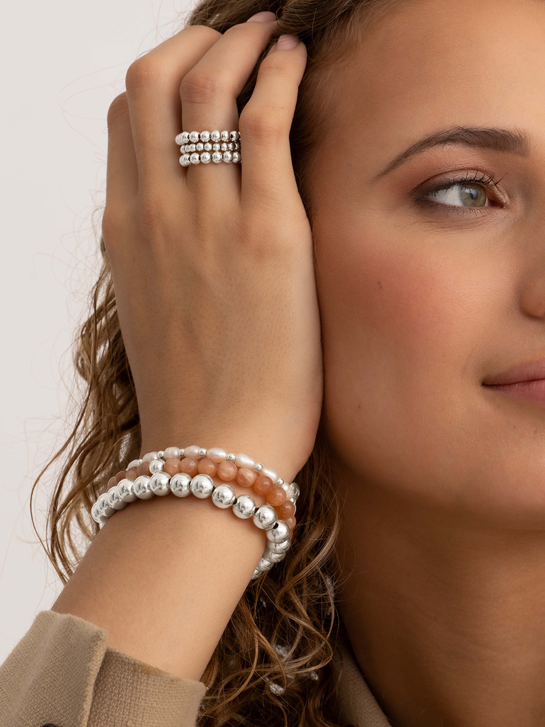 Pearl Interstellar Saturn Bracelets Stack | Silver