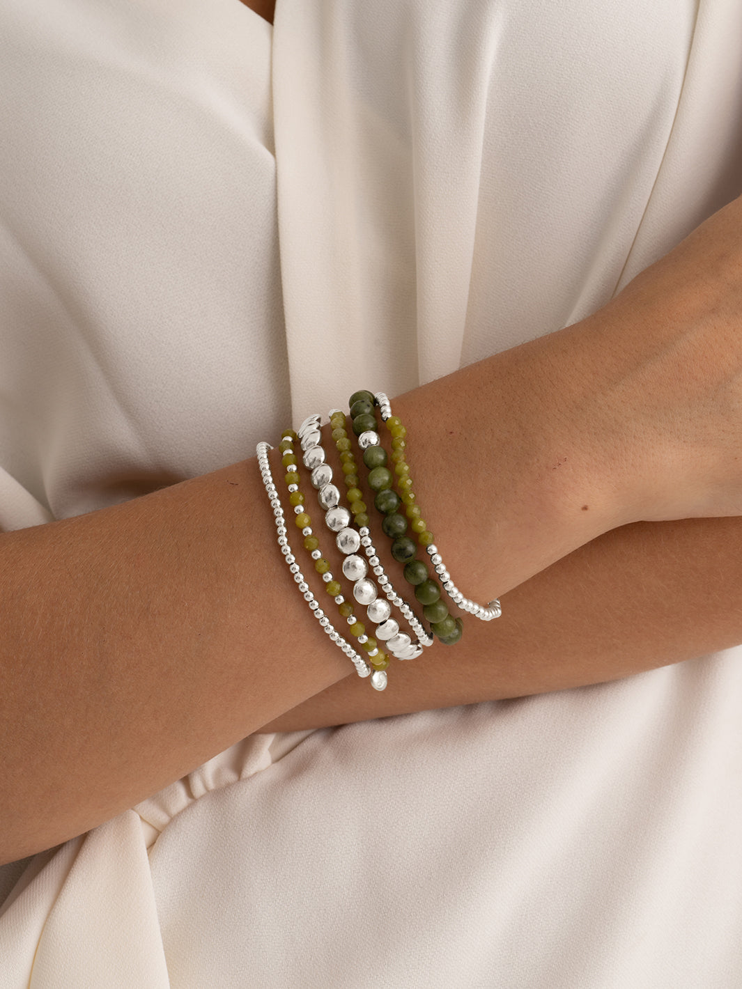 Southern Jade Saturn Bubble Bracelets Stack | Silver