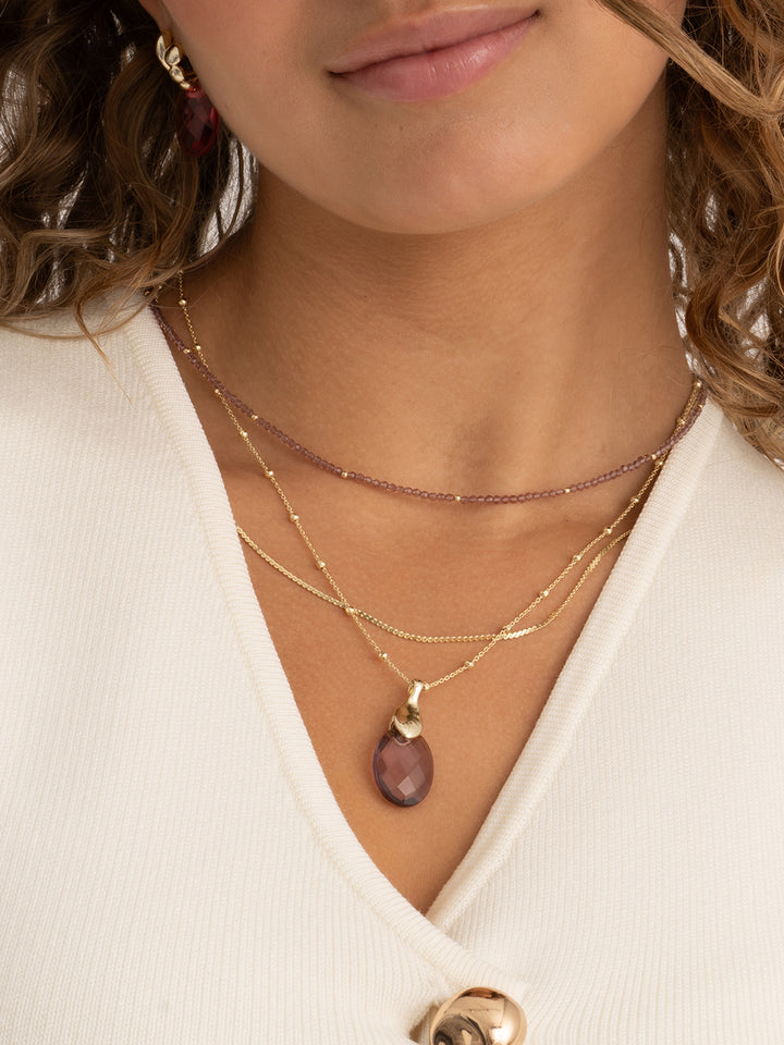 Aubergine Quartz Moyen ovale Leaf Chaîne set | Plaqué Or