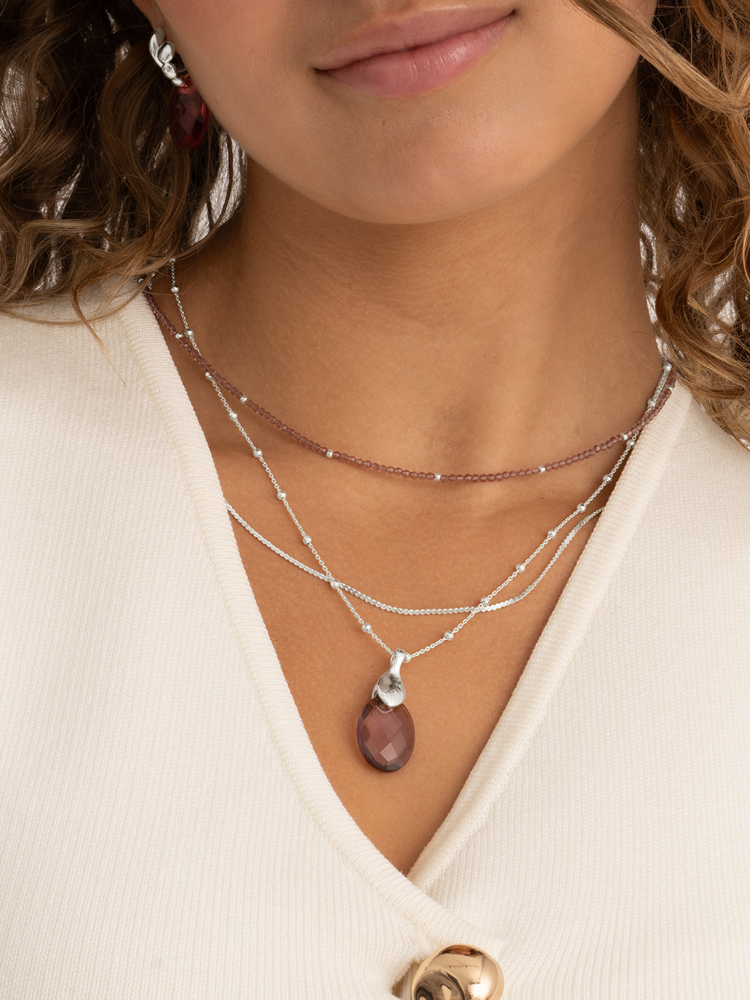 Aubergine Quartz Medium Oval Leaf necklace Set | Silver