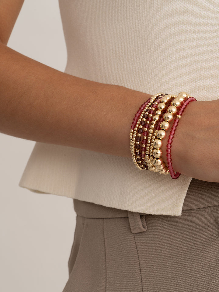 Aubergine & Fuchsia Quartz Saturn Wave Mix Armbande Stack | Goudkleurig