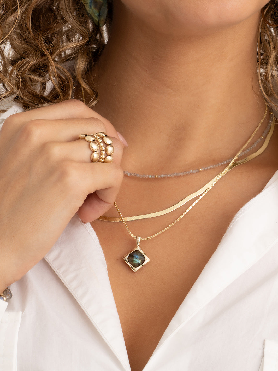 Labradorite Cushion Cut Ensemble de ketting amulet | Plaqué Or